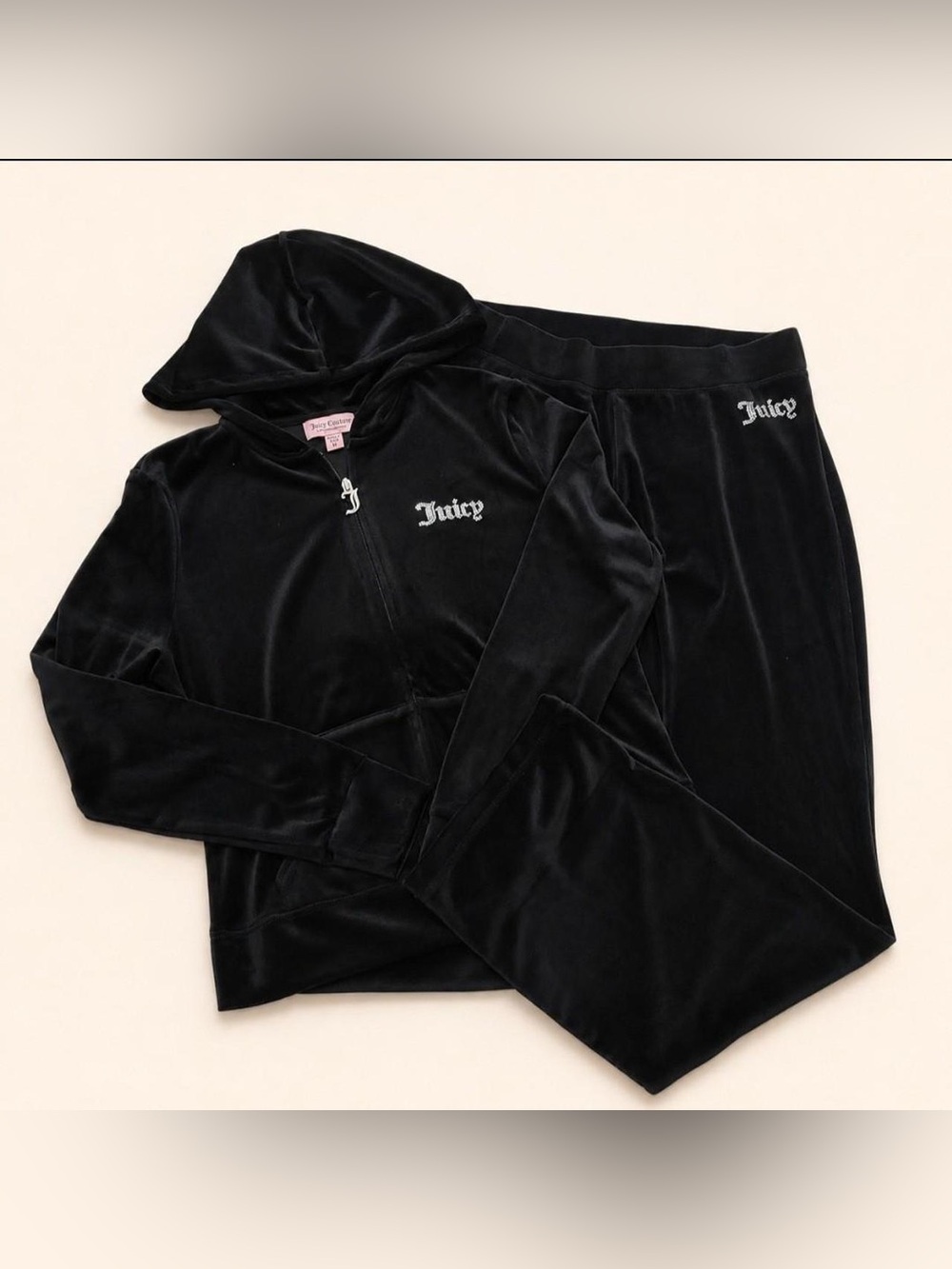 Black Juicy Couture Velour Tracksuit with Rhinestones Hoodie Pants Matching Set